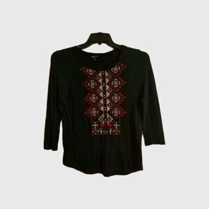 Lucky Brand Lucky T- Shirt Top Size Small  Geometric Embroidered 3/4 Sleeve